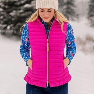 Lilly Pulitzer Cora Down Puffer Vest Womens Size S Pink Ruffle Tassel Zip Pull